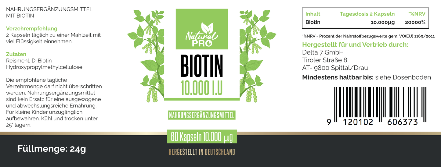Biotin 10.000 I.E. hochdosiert | Unterstützt gesundes Haarwachstum & Hautbild | 60 Kapseln