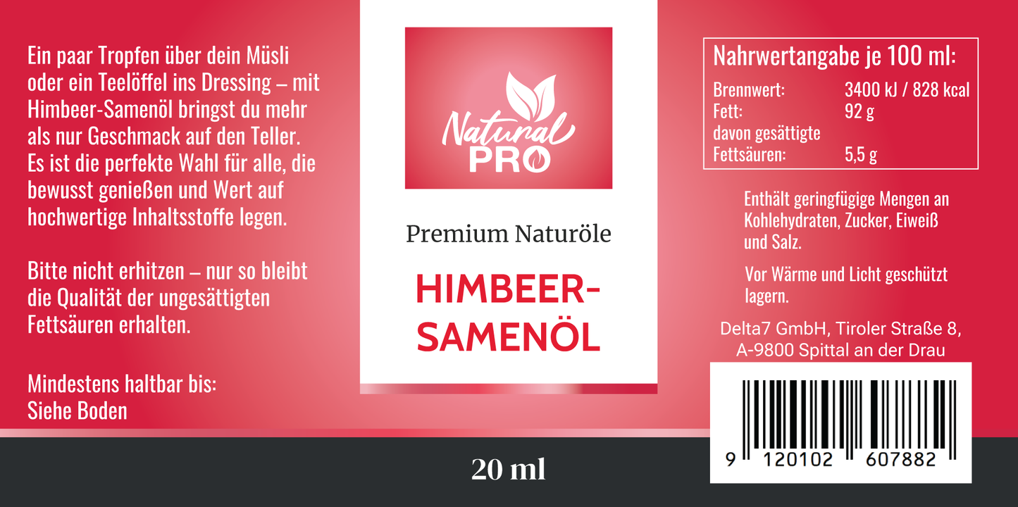 Himbeersamenöl | 100% Rein und Kaltgepresst | Quelle pflanzlicher Omega-Fettsäuren & Vitamin E