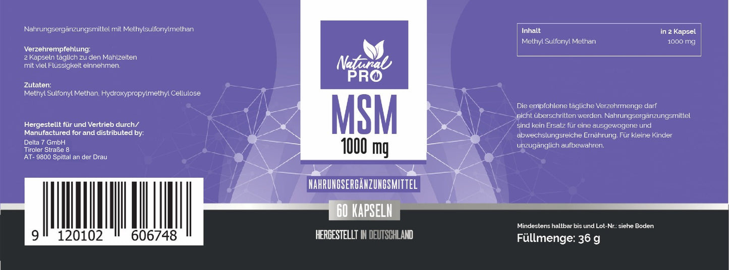 MSM 1000mg hochdosiert | Für gesunde Gelenke & Haut | 60 Kapseln