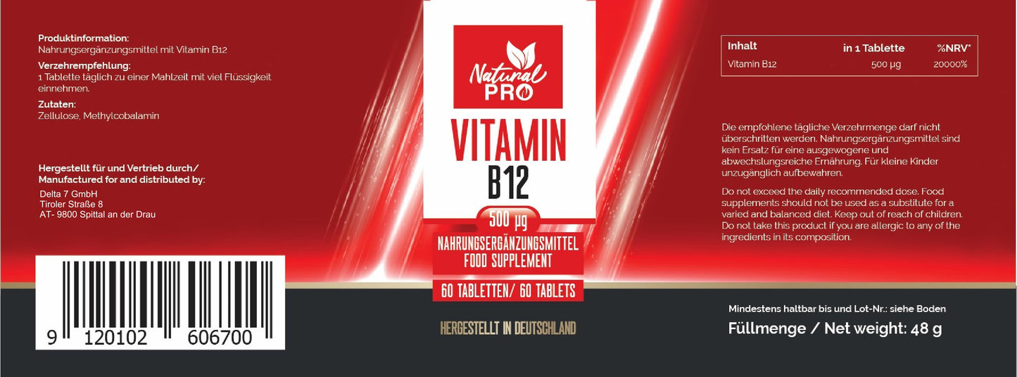 Vitamin B12 500 µg hochdosiert | Reines Vitamin für Energie & Vitalität | 60 Tabletten