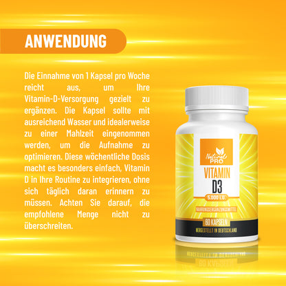 Vitamin D3 5000 i.U hochdosiert | Natürliches Sonnenvitamin | 60 Kapseln