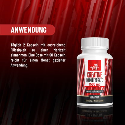 Creatin Monohydrat 1500mg hochdosiert | Für deine Power im Training | 60 Kapseln