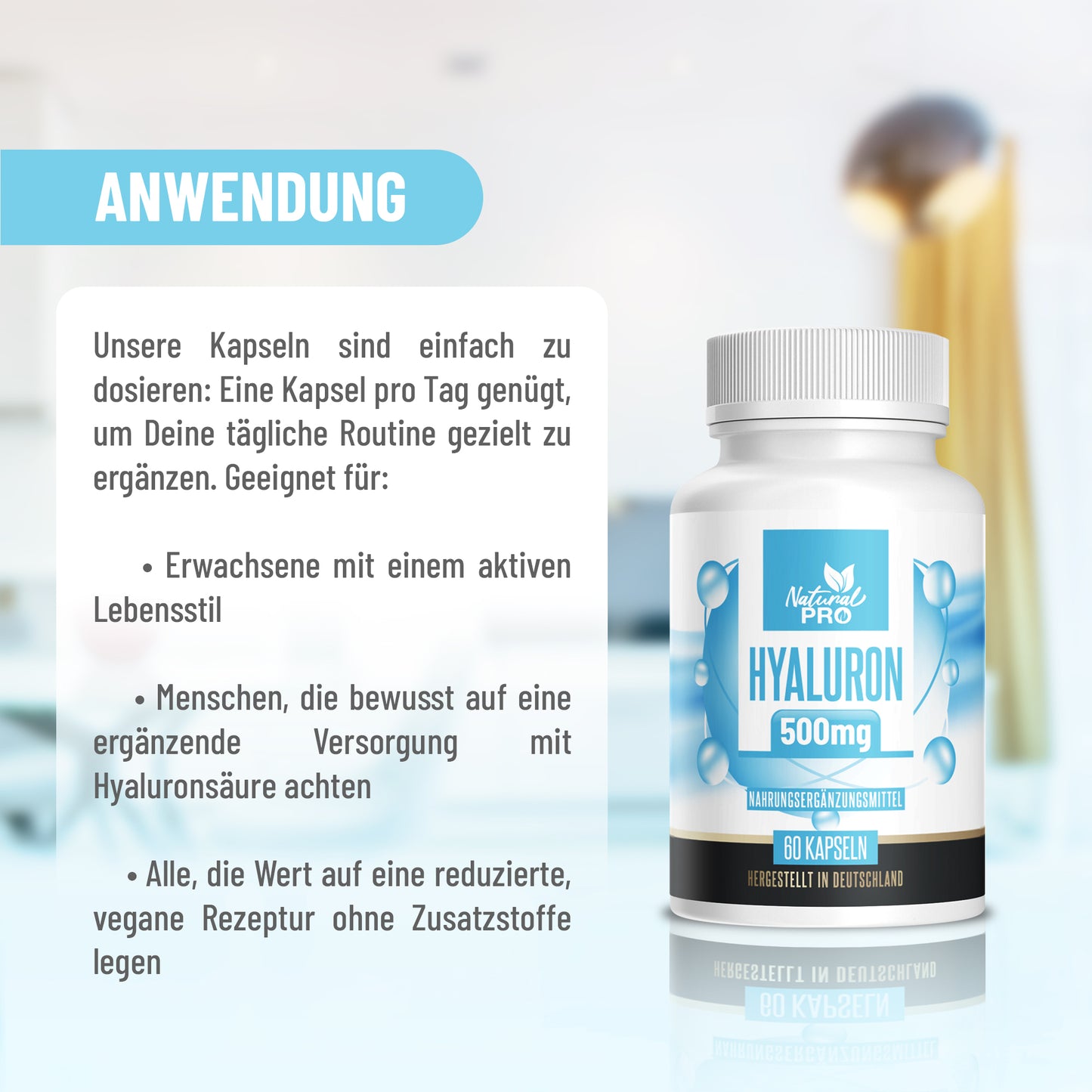 Hyaluron 500mg hochdosiert | Für strahlende Haut | 60 Kapseln |