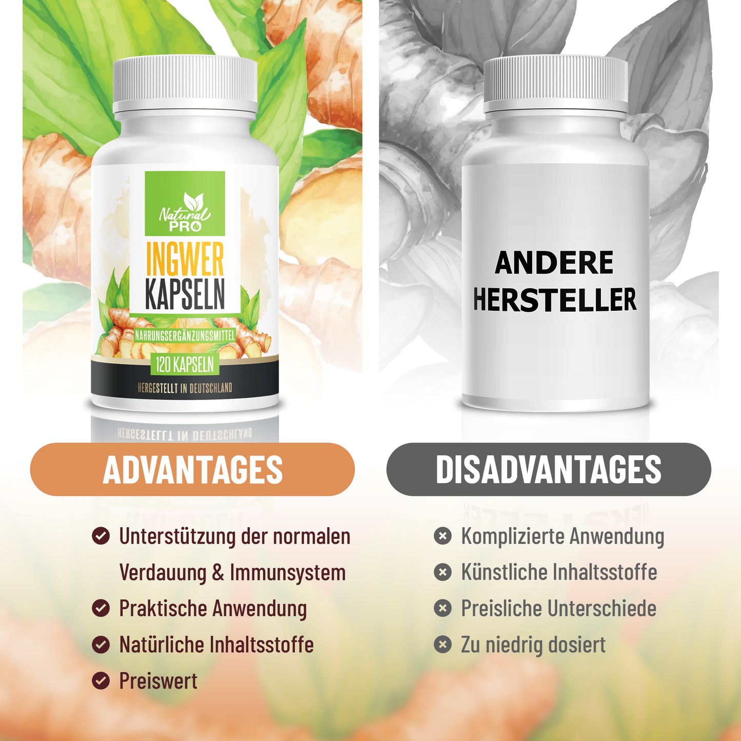 Ingwer Kapseln hochdosiert | 1.000mg Tagesdosis | Für Immunsystem & Verdauung | 120 Kapseln