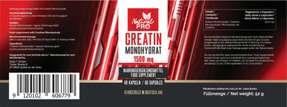 Creatin Monohydrat 1500mg hochdosiert | Für deine Power im Training | 60 Kapseln