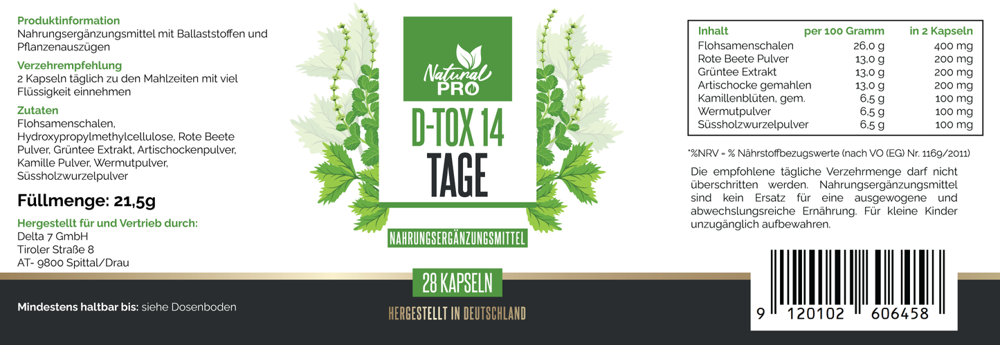 D-Tox 14 Tage | Natürliches Entgiftungsprogramm für Körper & Stoffwechsel | 28 Kapseln