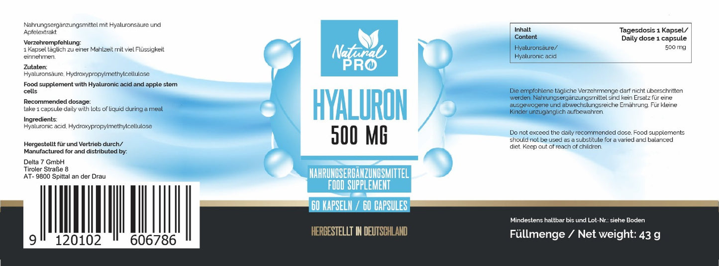 Hyaluron 500mg hochdosiert | Für strahlende Haut | 60 Kapseln |