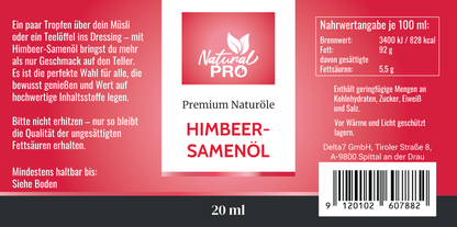Himbeersamenöl | 100% Rein und Kaltgepresst | Quelle pflanzlicher Omega-Fettsäuren & Vitamin E