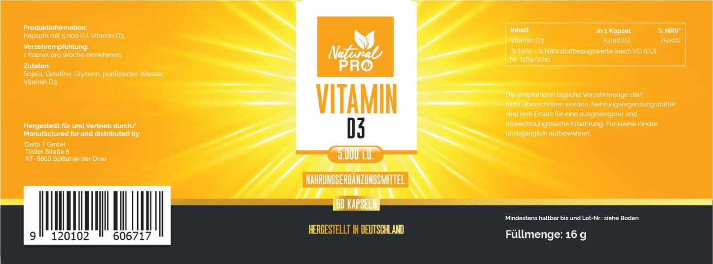Vitamin D3 5000 i.U hochdosiert | Natürliches Sonnenvitamin | 60 Kapseln