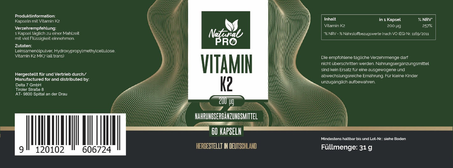 Vitamin K2 200 µg hochdosiert | Ideal in Kombination mit Vitamin | 60 Kapseln